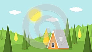 Village landscape with green lawns, hills and country house. Vacation in countryside. Vector summer nature background