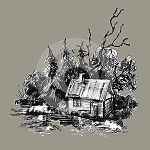 The village landscape. Vintage vector illustration. Drawn house in the field near trees, lake. Engraving, skech, print