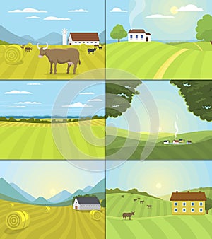 Village landscapes vector illustration farm field and houses agriculture graphic country side