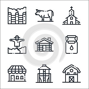 In the village line icons. linear set. quality vector line set such as barn, silo, store, milk, cottage, scarecrow, church,