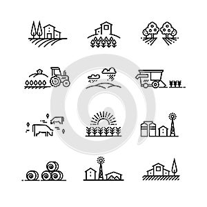 Village line landscapes with agricultural field and farm buildings. Linear farming vector concepts
