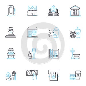 Village linear icons set. Community, Rural, Nostalgia, Peaceful, Traditional, Close-knit, Serene line vector and concept