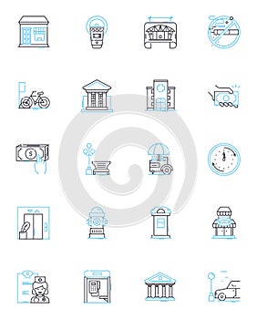 Village linear icons set. Community, Rural, Nostalgia, Peaceful, Traditional, Close-knit, Serene line vector and concept