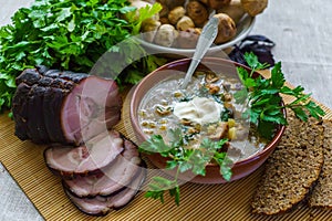 A village lunch of soup with borers, along with sour cream, rye bread and greens