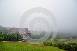 Village in the mist in the winter.