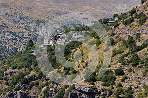 Village in the mountain in National Park of Tzoumerka, Greece Epirus region. Mountain in the clouds