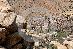 Village on the mountain slopes in Ourika valley in Morocco