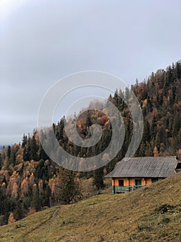 Village in the mountains in the middle of fall