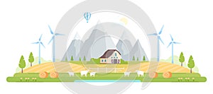 Village by the mountains - modern flat design style vector illustration