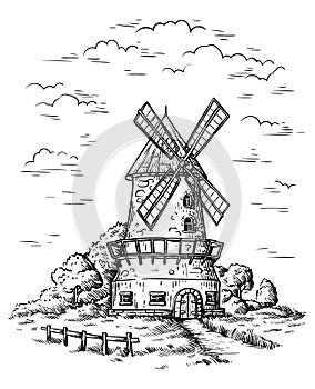 Village near a wheat field and a windmill drawn by hand