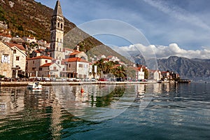Village Perast on coast of Boka Kotor bay - Montenegro - nature and architecture background, popular travel destination in Europe