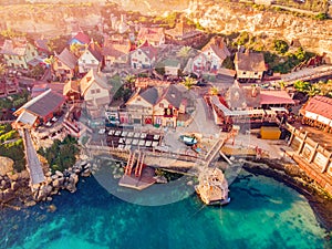 Village Popeye bay panorama Malta sunset, Il-Mellieha. Aerial top view