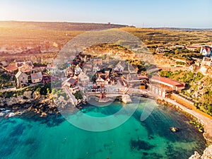 Village Popeye bay panorama Malta sunset, Il-Mellieha. Aerial top view