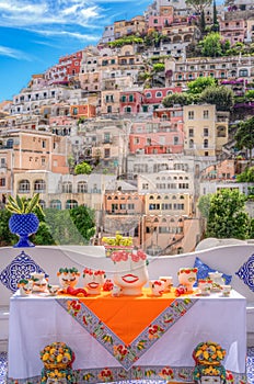 The village of Positano along the Amalfi Coast in Italy, with its characteristic colorful houses and its precious