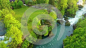 Village of Rastoke near Slunj in Croatia, old water mills on waterfalls of Korana river, beautiful countryside landscape.