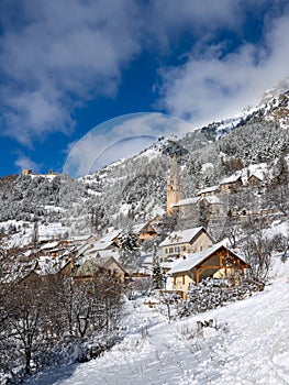 The village of Reallon in the Ecrins National Park in winter. Ski resort in the Hautes-Alpes Alps. France