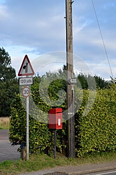 Village Road Signs and Postbox, England, UK