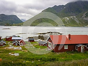 A village on the rocky shore of the fjord in Norway with traditional red houses