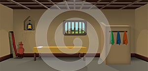 Village room inside vector, poor mud house room interior cartoon background illustrations.