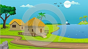 Village cartoon background illustration with cow, cottage, lake, trees, and narrow road.