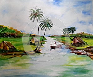 Village Scenery in  Landscape  Acrylic Painting photo