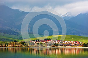 Village on the shore of a lake