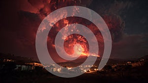 Village Silhouetted by Exploding Volcano at Night