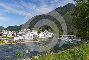 Village of Skjolden looking across the Eidselvi.