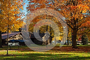 Village square cabin in Burton Ohio in autumn