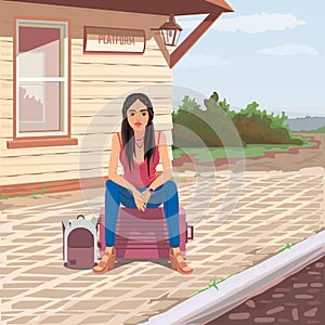 Village station, girl sitting on a suitcase