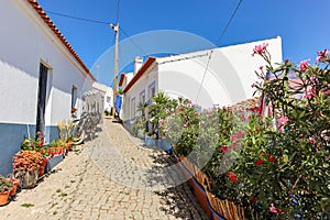 Village street with residential buildings in the town Carrapateira, in the municipality of Aljezur in the District of Faro,