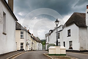 Village street with white houses, Moretonhampstead, Devon, England.