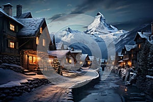 village street in winter, exteriors of houses decorated for Christmas or New Year\'s holiday, snow, street lights, mountain,