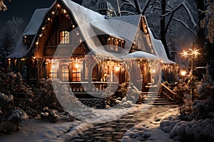 village street in winter season decorated for Christmas or New Year holiday, beautiful view of exteriors of houses , snow