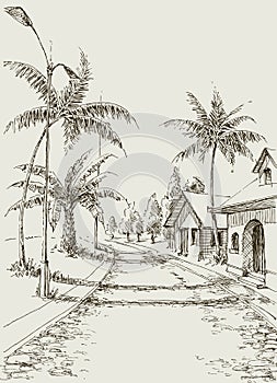 Village streets, palm trees sketch