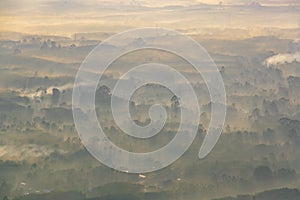 Village in surrounded by fog