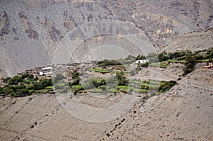 Village of Tangbe 3040 m in the Himalayan mountains. Trekking to the closed zone of Upper Mustang. Nepal.