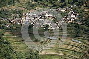 The village, terrace fields,and the green mountain