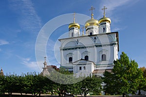 Village Teryaevo, Volokolamsk district, Moscow region, Russia - September, 2020:  Iosifo-Volotsky monastery, Assumption cathedral