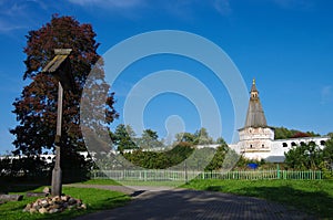 Village Teryaevo, Volokolamsk district, Moscow region, Russia - September, 2020:  Iosifo-Volotsky monastery, kremlin wall and