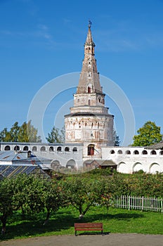 Village Teryaevo, Volokolamsk district, Moscow region, Russia - September, 2020:  Iosifo-Volotsky monastery, kremlin wall and