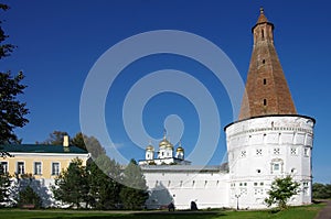 Village Teryaevo, Volokolamsk district, Moscow region, Russia - September, 2020:  Iosifo-Volotsky monastery, kremlin wall and