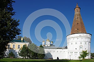 Village Teryaevo, Volokolamsk district, Moscow region, Russia - September, 2020:  Iosifo-Volotsky monastery, kremlin wall and