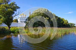 Village Teryaevo, Volokolamsk district, Moscow region, Russia - September, 2020:  Iosifo-Volotsky monastery, view from the lake