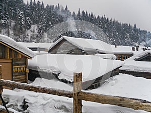 Village with thatched roof houses covered in snow