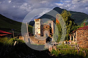 The village of Ushguli in the evening light Svanetia