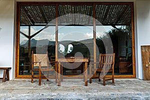 Village veranda or porchway in Cyprus. Table and chairs