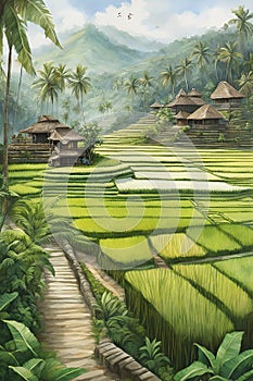 A village view of Bali with the rice paddies and the mountain, tree, nature, Indonesia, printable, excotic, watercolor, natural