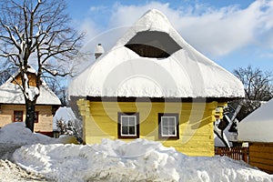 The village of Vlkolinec covered in snow