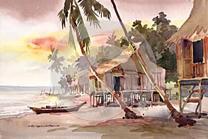 Village watercolor painting